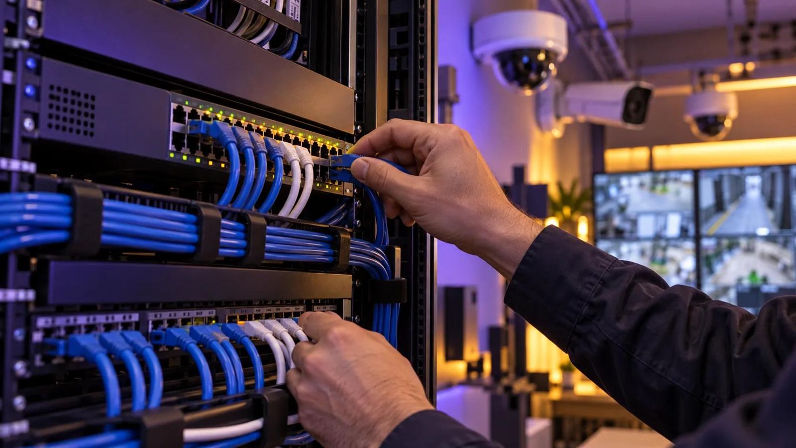 Engineer patching a network switch beside CCTV cameras