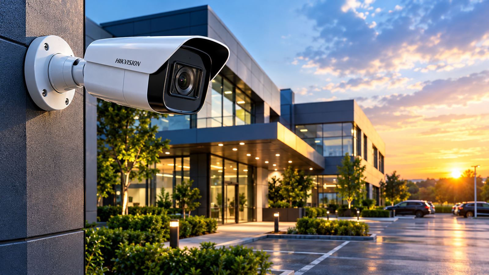 Large professional CCTV bullet camera overlooking a modern commercial property at sunset