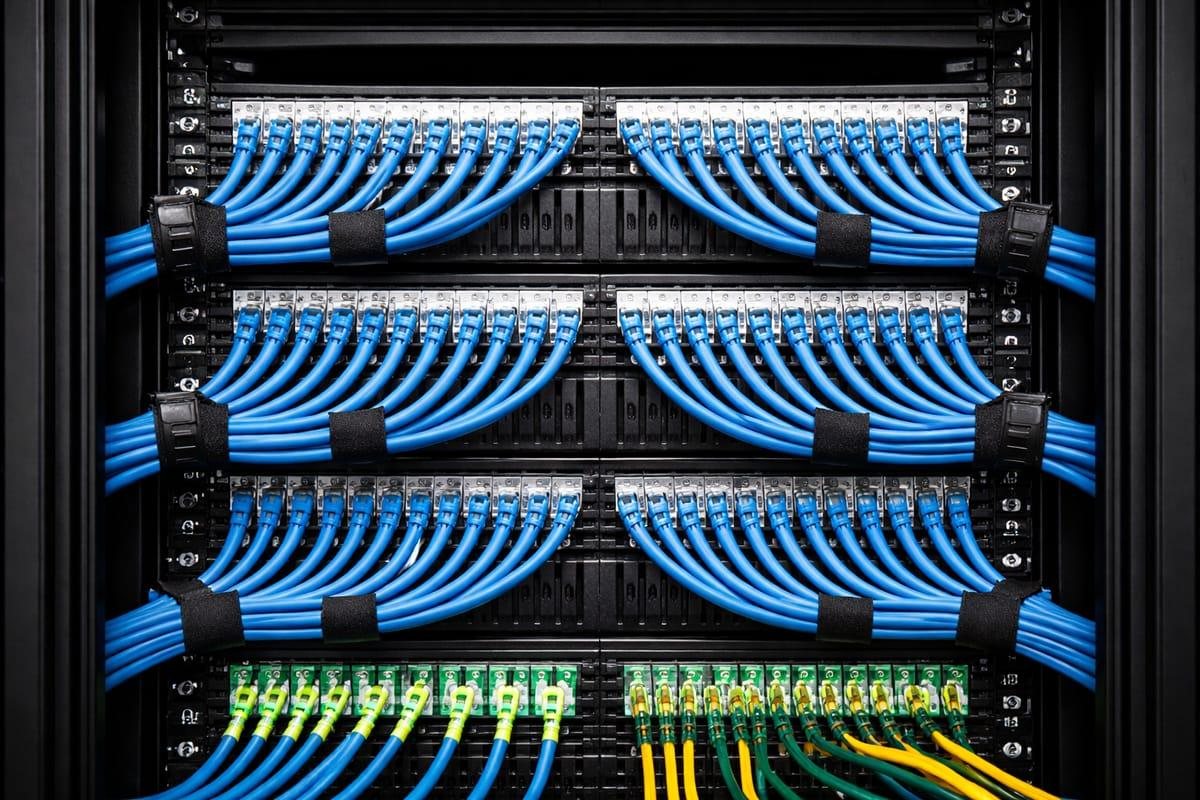 Blue network cables neatly dressed in a rack